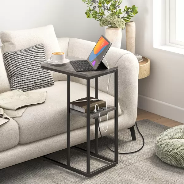 Yoobure C Shaped End Table with Charging Station for Living Room Bedroom Sofa Table with USB Ports and Outlets for Small Spaces C Couch Rustic Snack Bed TableGreige
