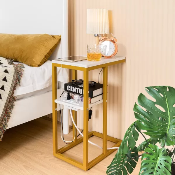 Yoobure C Shaped End Table with Charging Station for Living Room Bedroom Sofa Table with USB Ports and Outlets for Small Spaces C Couch Rustic Snack Bed TableMarble White