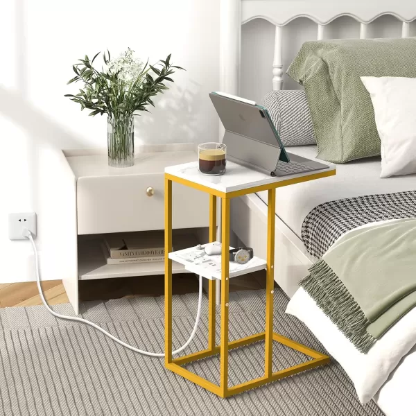 Yoobure C Shaped End Table with Charging Station for Living Room Bedroom Sofa Table with USB Ports and Outlets for Small Spaces C Couch Rustic Snack Bed TableMarble White
