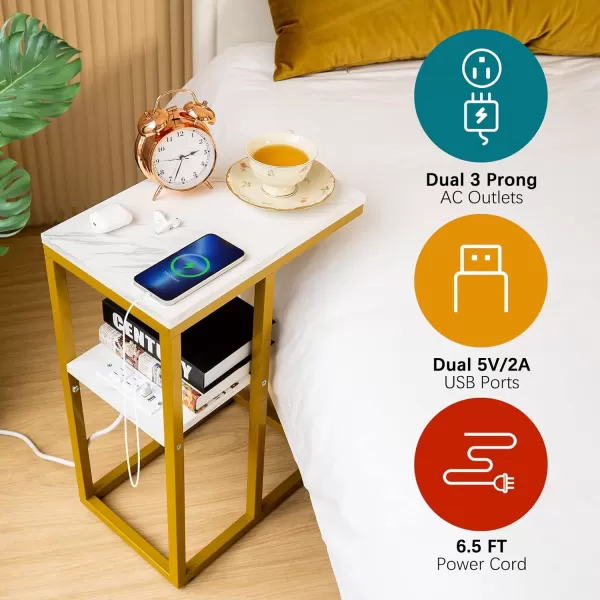Yoobure C Shaped End Table with Charging Station for Living Room Bedroom Sofa Table with USB Ports and Outlets for Small Spaces C Couch Rustic Snack Bed TableMarble White