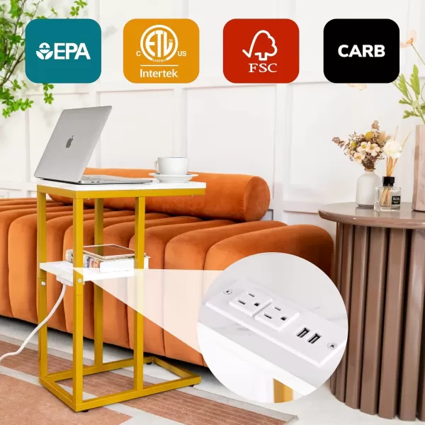 Yoobure C Shaped End Table with Charging Station for Living Room Bedroom Sofa Table with USB Ports and Outlets for Small Spaces C Couch Rustic Snack Bed TableMarble White