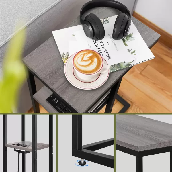 Yoobure C Shaped End Table with Charging Station for Living Room Bedroom Sofa Table with USB Ports and Outlets for Small Spaces C Couch Rustic Snack Bed TableGreige