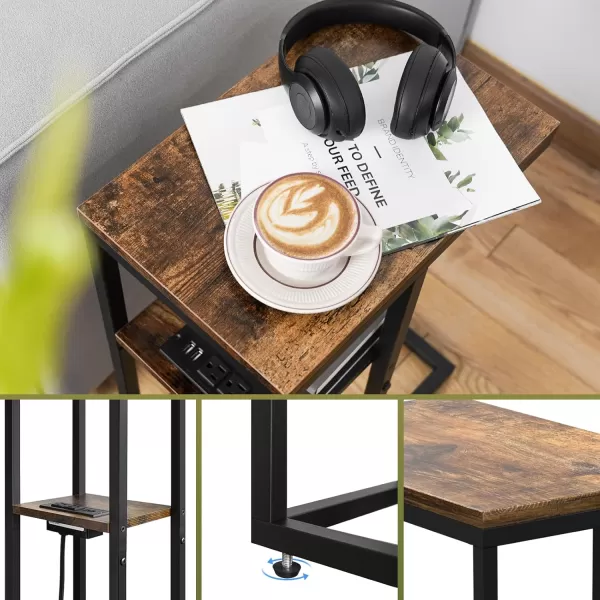 Yoobure C Shaped End Table with Charging Station for Living Room Bedroom Sofa Table with USB Ports and Outlets for Small Spaces C Couch Rustic Snack Bed TableRustic Brown