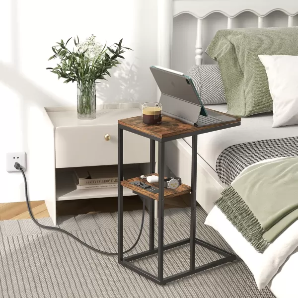 Yoobure C Shaped End Table with Charging Station for Living Room Bedroom Sofa Table with USB Ports and Outlets for Small Spaces C Couch Rustic Snack Bed TableRustic Brown