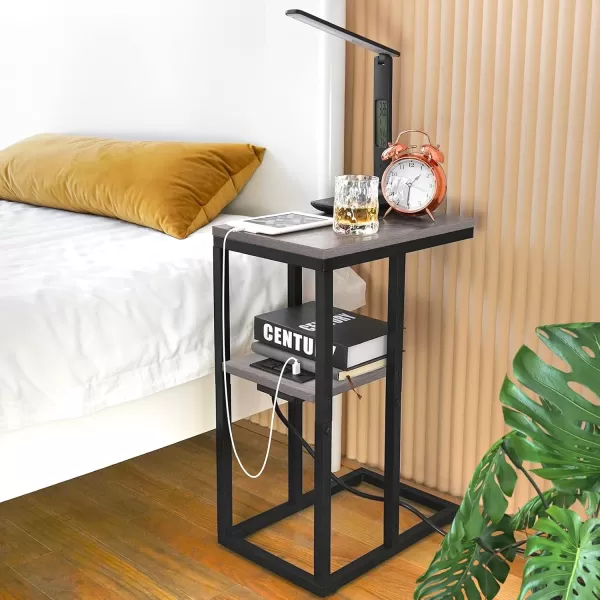 Yoobure C Shaped End Table with Charging Station for Living Room Bedroom Sofa Table with USB Ports and Outlets for Small Spaces C Couch Rustic Snack Bed TableGreige