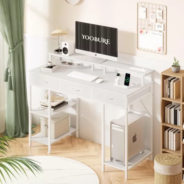 Yoobure Computer Desk with Drawers Office Desk with LED Lights ampamp Outlets Small Desk with Storage Shelves Gaming Desk 48quot Home Office Desks with Monitor Stand Writing Desk for Bedroom Small SpacesWhite