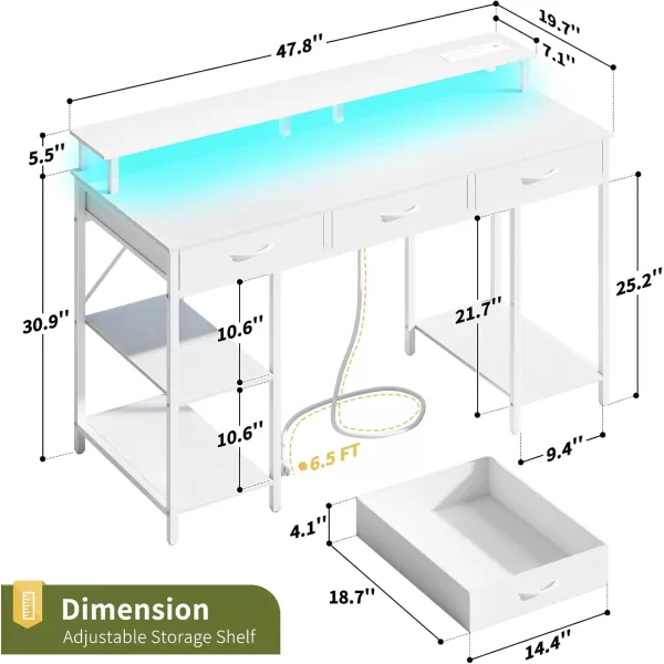 Yoobure Computer Desk with Drawers Office Desk with LED Lights ampamp Outlets Small Desk with Storage Shelves Gaming Desk 48quot Home Office Desks with Monitor Stand Writing Desk for Bedroom Small SpacesWhite