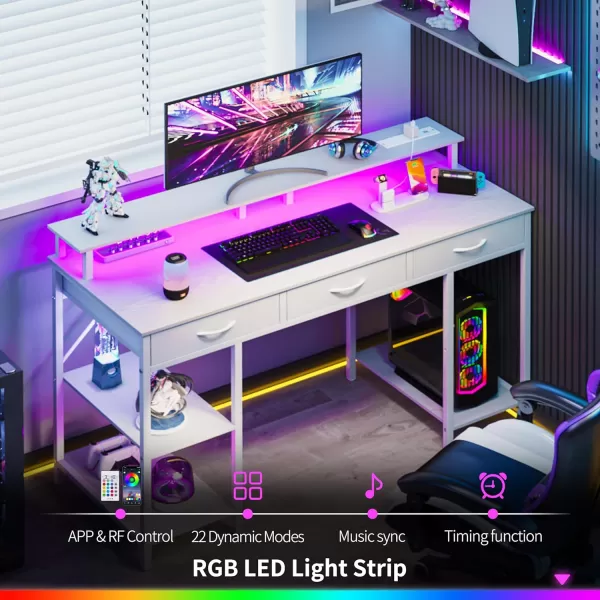 Yoobure Computer Desk with Drawers Office Desk with LED Lights ampamp Outlets Small Desk with Storage Shelves Gaming Desk 48quot Home Office Desks with Monitor Stand Writing Desk for Bedroom Small SpacesWhite