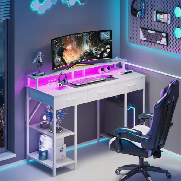 Yoobure Computer Desk with Drawers Office Desk with LED Lights ampamp Outlets Small Desk with Storage Shelves Gaming Desk 48quot Home Office Desks with Monitor Stand Writing Desk for Bedroom Small SpacesWhite