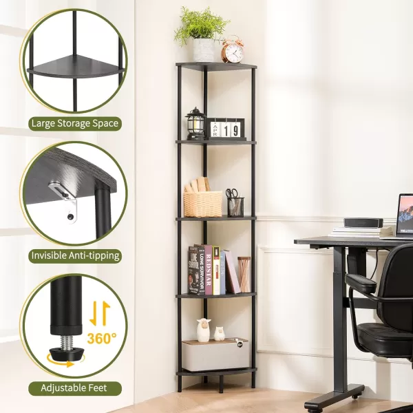 Yoobure Corner Shelf Stand 5Tier Corner Bookshelf Tall Corner Shelves for Bedroom Living Room Narrow Display Shelf Corner Bookcase 65quot Black Corner Book Shelf with Display Shelves for OfficeGrey