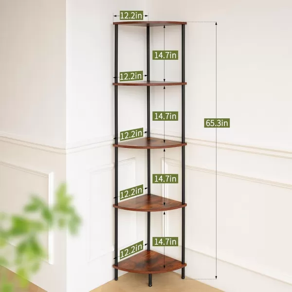 Yoobure Corner Shelf Stand 5Tier Corner Bookshelf Tall Corner Shelves for Bedroom Living Room Narrow Display Shelf Corner Bookcase 65quot Black Corner Book Shelf with Display Shelves for OfficeBerry Brown