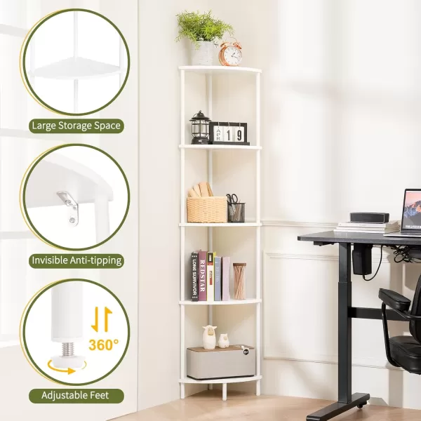 Yoobure Corner Shelf Stand 5Tier Corner Bookshelf Tall Corner Shelves for Bedroom Living Room Narrow Display Shelf Corner Bookcase 65quot Black Corner Book Shelf with Display Shelves for OfficeWhite