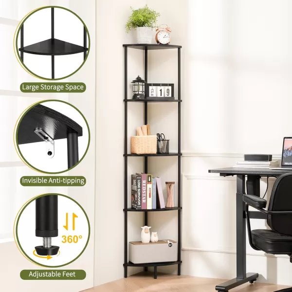 Yoobure Corner Shelf Stand 5Tier Corner Bookshelf Tall Corner Shelves for Bedroom Living Room Narrow Display Shelf Corner Bookcase 65quot Black Corner Book Shelf with Display Shelves for OfficeBlack