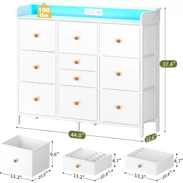 Yoobure Dresser for Bedroom with Charger Station and LED Lights Organizer Dressers ampamp Chests of Drawers with 10 Storage Drawers Bedroom Dresser for Closet White Fabric Dresser for Kids BedroomWhite
