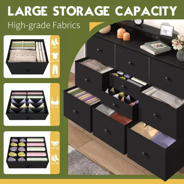 Yoobure Dresser for Bedroom with Charger Station and LED Lights Organizer Dressers ampamp Chests of Drawers with 10 Storage Drawers Bedroom Dresser for Closet White Fabric Dresser for Kids BedroomBlack