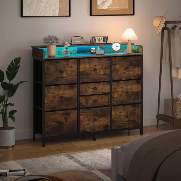 Yoobure Dresser for Bedroom with Charger Station and LED Lights Organizer Dressers ampamp Chests of Drawers with 10 Storage Drawers Bedroom Dresser for Closet White Fabric Dresser for Kids BedroomRustic Brown