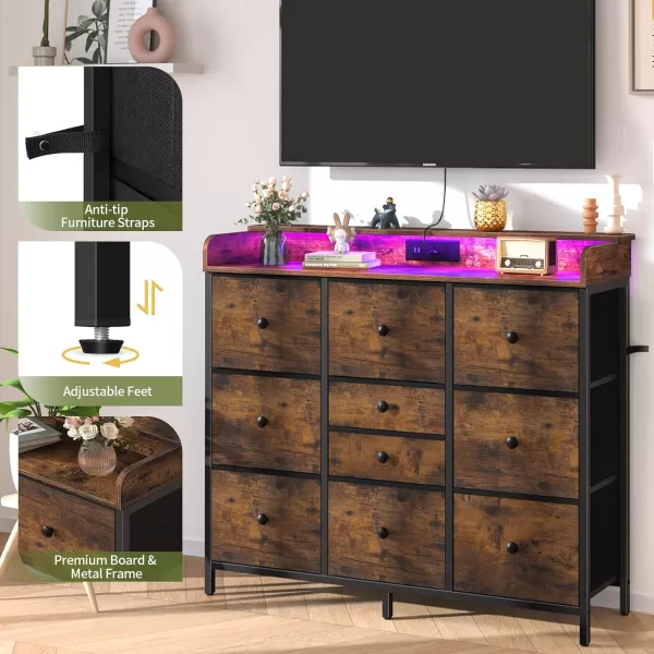 Yoobure Dresser for Bedroom with Charger Station and LED Lights Organizer Dressers ampamp Chests of Drawers with 10 Storage Drawers Bedroom Dresser for Closet White Fabric Dresser for Kids BedroomRustic Brown