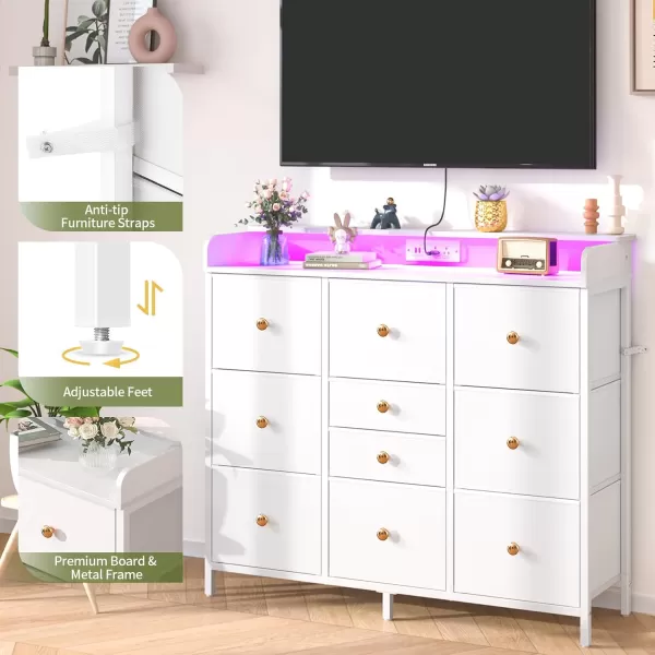 Yoobure Dresser for Bedroom with Charger Station and LED Lights Organizer Dressers ampamp Chests of Drawers with 10 Storage Drawers Bedroom Dresser for Closet White Fabric Dresser for Kids BedroomWhite