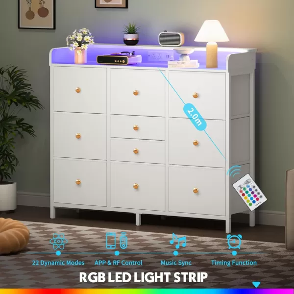 Yoobure Dresser for Bedroom with Charger Station and LED Lights Organizer Dressers ampamp Chests of Drawers with 10 Storage Drawers Bedroom Dresser for Closet White Fabric Dresser for Kids BedroomWhite