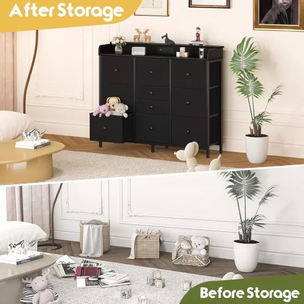 Yoobure Dresser for Bedroom with Charger Station and LED Lights Organizer Dressers ampamp Chests of Drawers with 10 Storage Drawers Bedroom Dresser for Closet White Fabric Dresser for Kids BedroomBlack