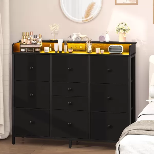 Yoobure Dresser for Bedroom with Charger Station and LED Lights Organizer Dressers ampamp Chests of Drawers with 10 Storage Drawers Bedroom Dresser for Closet White Fabric Dresser for Kids BedroomBlack