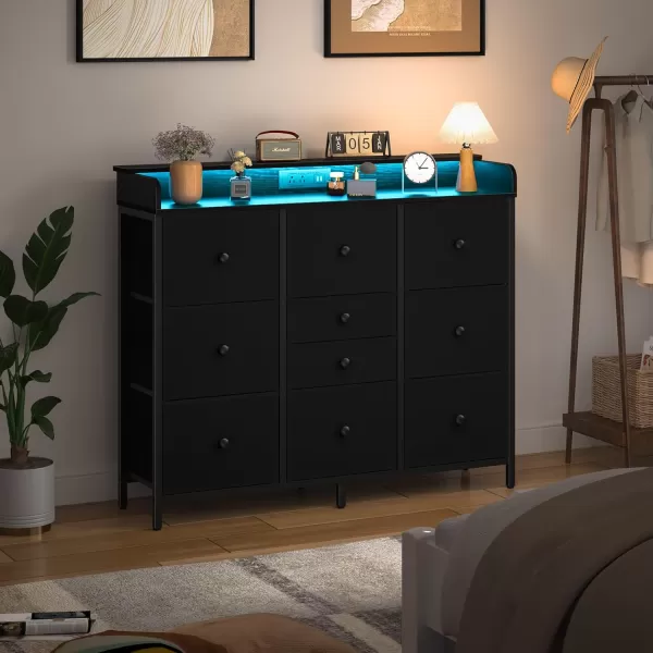 Yoobure Dresser for Bedroom with Charger Station and LED Lights Organizer Dressers ampamp Chests of Drawers with 10 Storage Drawers Bedroom Dresser for Closet White Fabric Dresser for Kids BedroomBlack