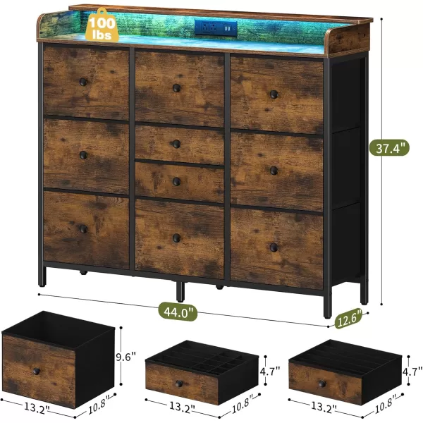 Yoobure Dresser for Bedroom with Charger Station and LED Lights Organizer Dressers ampamp Chests of Drawers with 10 Storage Drawers Bedroom Dresser for Closet White Fabric Dresser for Kids BedroomRustic Brown