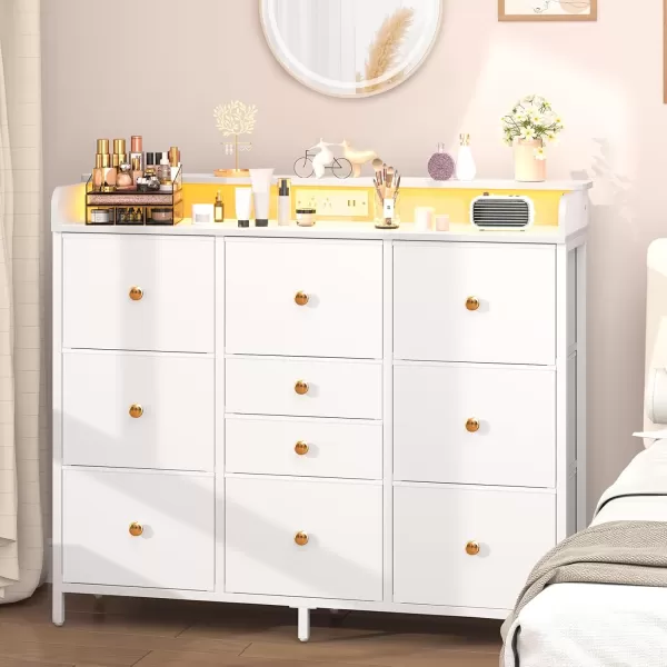 Yoobure Dresser for Bedroom with Charger Station and LED Lights Organizer Dressers ampamp Chests of Drawers with 10 Storage Drawers Bedroom Dresser for Closet White Fabric Dresser for Kids BedroomWhite