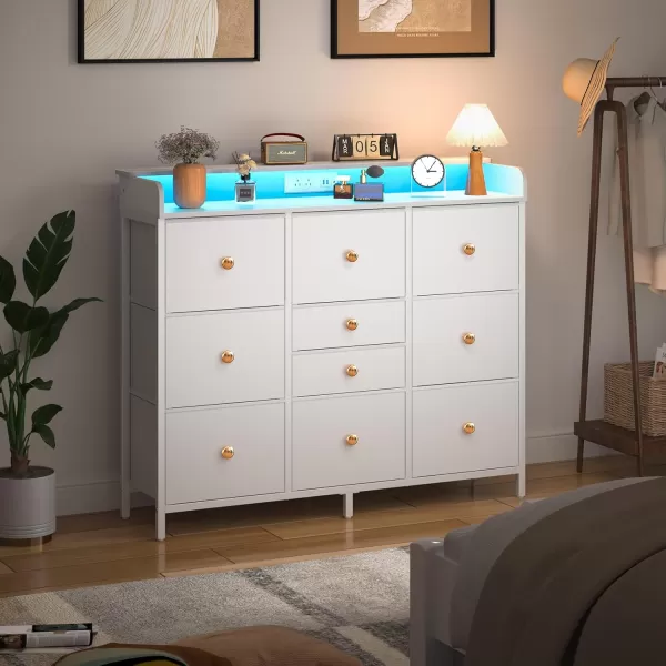 Yoobure Dresser for Bedroom with Charger Station and LED Lights Organizer Dressers ampamp Chests of Drawers with 10 Storage Drawers Bedroom Dresser for Closet White Fabric Dresser for Kids BedroomWhite