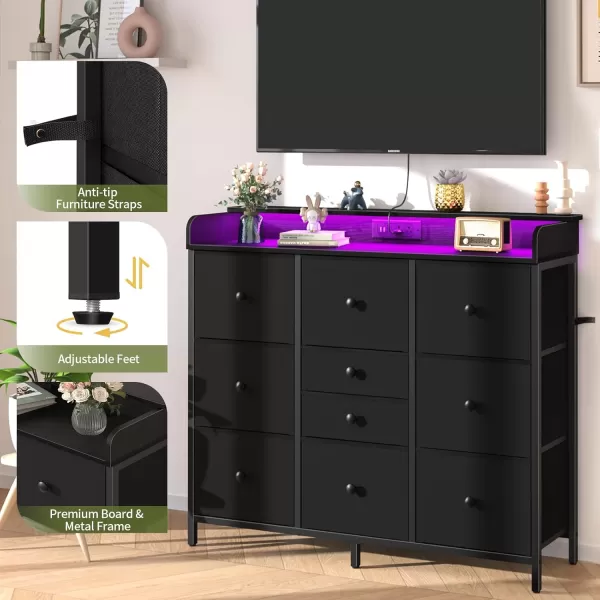Yoobure Dresser for Bedroom with Charger Station and LED Lights Organizer Dressers ampamp Chests of Drawers with 10 Storage Drawers Bedroom Dresser for Closet White Fabric Dresser for Kids BedroomBlack