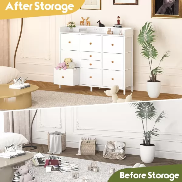 Yoobure Dresser for Bedroom with Charger Station and LED Lights Organizer Dressers ampamp Chests of Drawers with 10 Storage Drawers Bedroom Dresser for Closet White Fabric Dresser for Kids BedroomWhite
