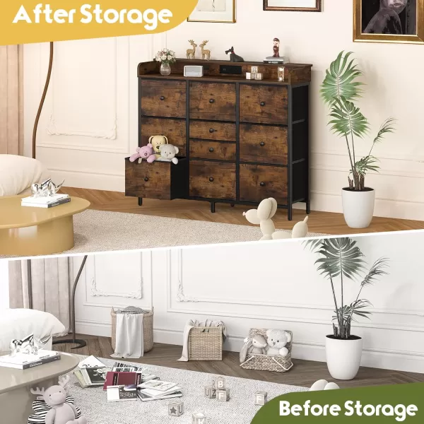 Yoobure Dresser for Bedroom with Charger Station and LED Lights Organizer Dressers ampamp Chests of Drawers with 10 Storage Drawers Bedroom Dresser for Closet White Fabric Dresser for Kids BedroomRustic Brown