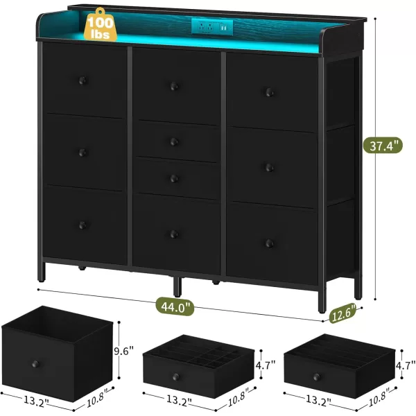 Yoobure Dresser for Bedroom with Charger Station and LED Lights Organizer Dressers ampamp Chests of Drawers with 10 Storage Drawers Bedroom Dresser for Closet White Fabric Dresser for Kids BedroomBlack