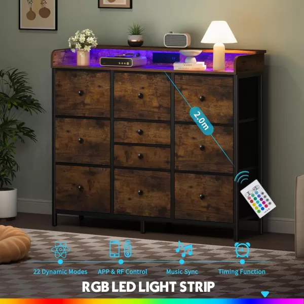 Yoobure Dresser for Bedroom with Charger Station and LED Lights Organizer Dressers ampamp Chests of Drawers with 10 Storage Drawers Bedroom Dresser for Closet White Fabric Dresser for Kids BedroomRustic Brown