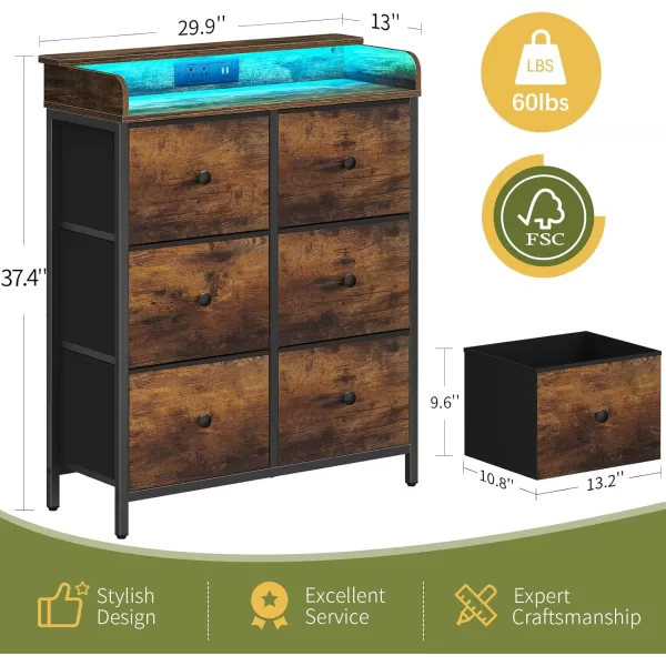 Yoobure Dresser for Bedroom with Charging Station 6Drawer Chest Furniture with LED Lights Fabric Dressers ampamp Chests of Drawers Storage Tower Organizer Unit for Kids Room Closet Living Room HallwayRetro Brown