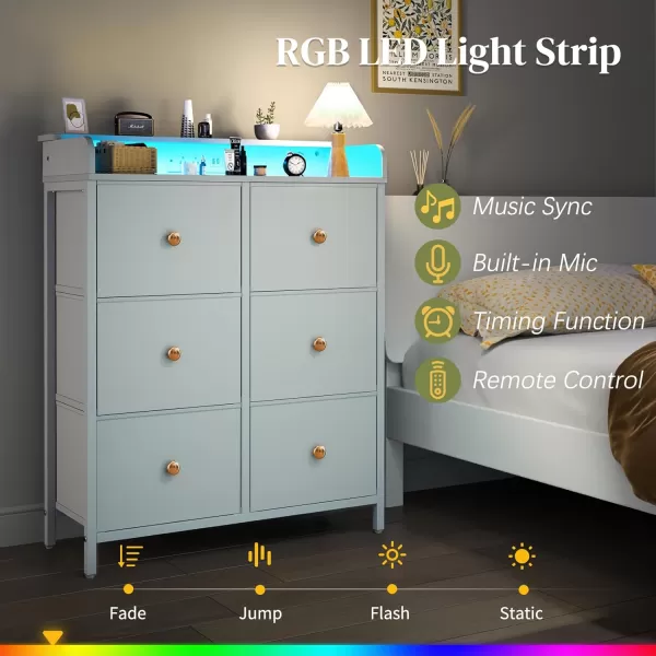 Yoobure Dresser for Bedroom with Charging Station 6Drawer Chest Furniture with LED Lights Fabric Dressers ampamp Chests of Drawers Storage Tower Organizer Unit for Kids Room Closet Living Room HallwayWhite