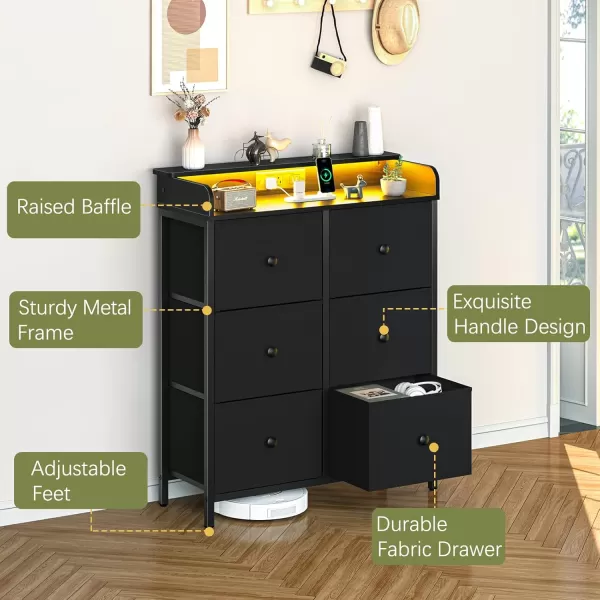 Yoobure Dresser for Bedroom with Charging Station 6Drawer Chest Furniture with LED Lights Fabric Dressers ampamp Chests of Drawers Storage Tower Organizer Unit for Kids Room Closet Living Room HallwayBlack