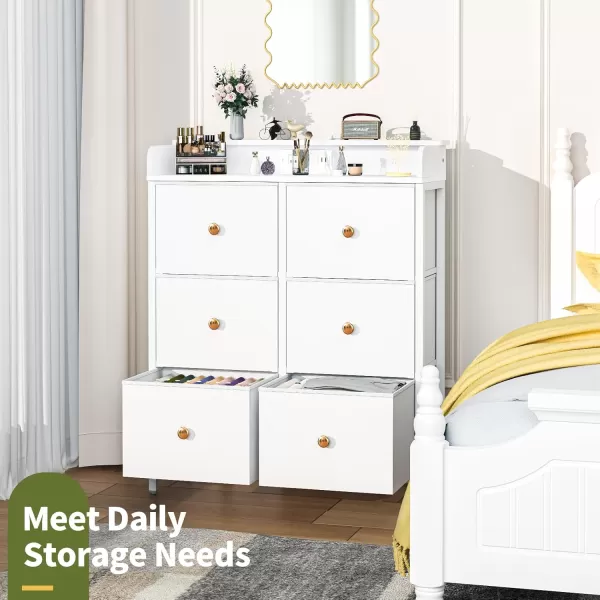 Yoobure Dresser for Bedroom with Charging Station 6Drawer Chest Furniture with LED Lights Fabric Dressers ampamp Chests of Drawers Storage Tower Organizer Unit for Kids Room Closet Living Room HallwayWhite