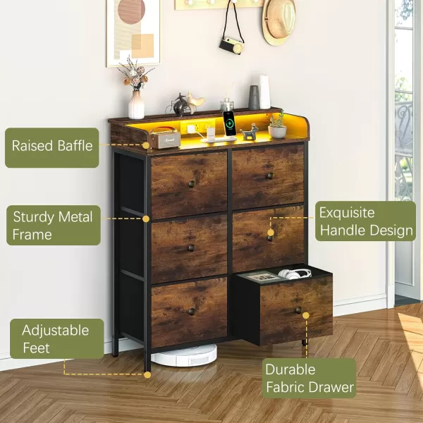 Yoobure Dresser for Bedroom with Charging Station 6Drawer Chest Furniture with LED Lights Fabric Dressers ampamp Chests of Drawers Storage Tower Organizer Unit for Kids Room Closet Living Room HallwayRetro Brown