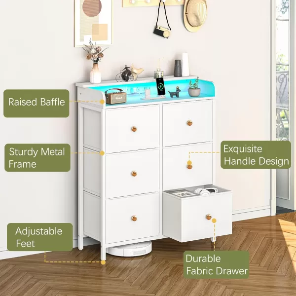 Yoobure Dresser for Bedroom with Charging Station 6Drawer Chest Furniture with LED Lights Fabric Dressers ampamp Chests of Drawers Storage Tower Organizer Unit for Kids Room Closet Living Room HallwayWhite