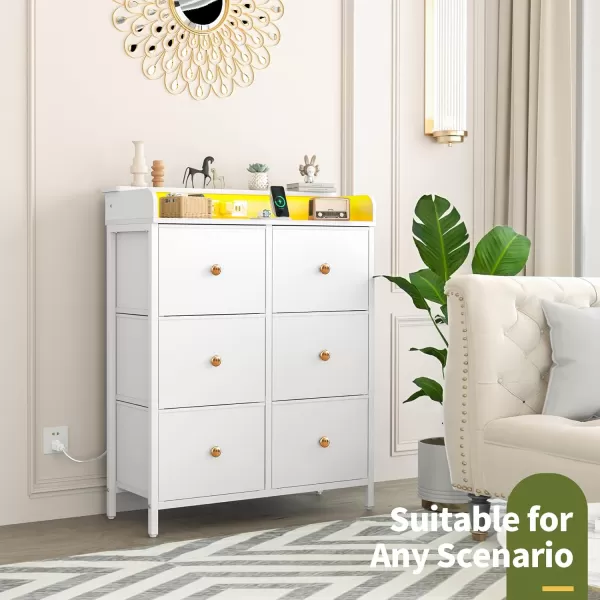 Yoobure Dresser for Bedroom with Charging Station 6Drawer Chest Furniture with LED Lights Fabric Dressers ampamp Chests of Drawers Storage Tower Organizer Unit for Kids Room Closet Living Room HallwayWhite