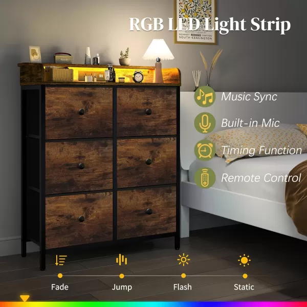 Yoobure Dresser for Bedroom with Charging Station 6Drawer Chest Furniture with LED Lights Fabric Dressers ampamp Chests of Drawers Storage Tower Organizer Unit for Kids Room Closet Living Room HallwayRetro Brown