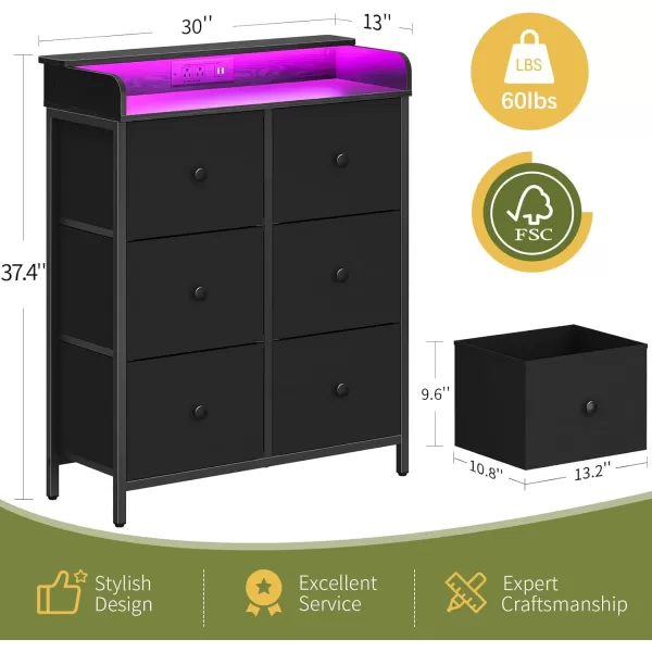 Yoobure Dresser for Bedroom with Charging Station 6Drawer Chest Furniture with LED Lights Fabric Dressers ampamp Chests of Drawers Storage Tower Organizer Unit for Kids Room Closet Living Room HallwayBlack