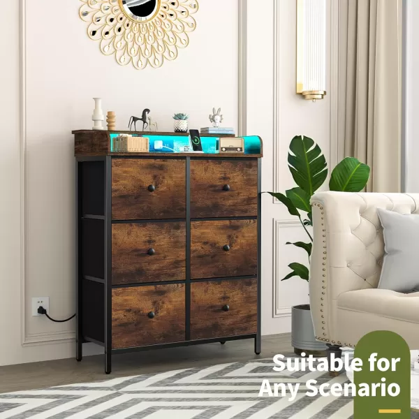 Yoobure Dresser for Bedroom with Charging Station 6Drawer Chest Furniture with LED Lights Fabric Dressers ampamp Chests of Drawers Storage Tower Organizer Unit for Kids Room Closet Living Room HallwayRetro Brown