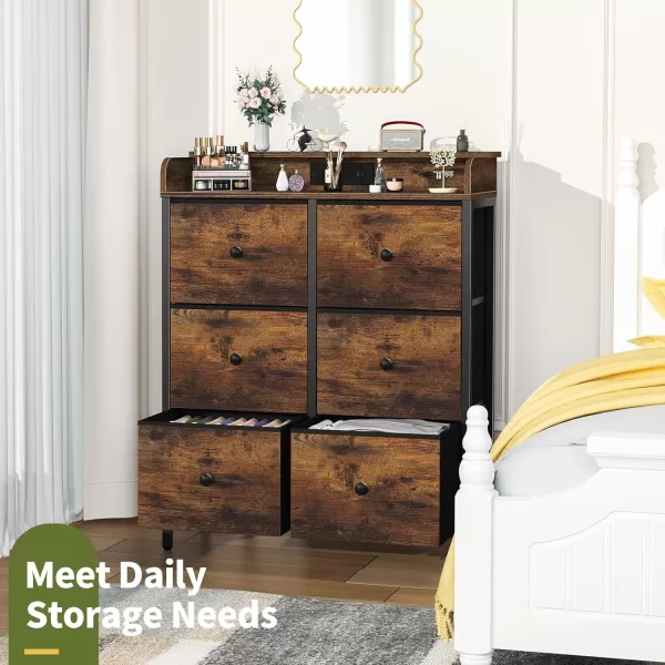 Yoobure Dresser for Bedroom with Charging Station 6Drawer Chest Furniture with LED Lights Fabric Dressers ampamp Chests of Drawers Storage Tower Organizer Unit for Kids Room Closet Living Room HallwayRetro Brown