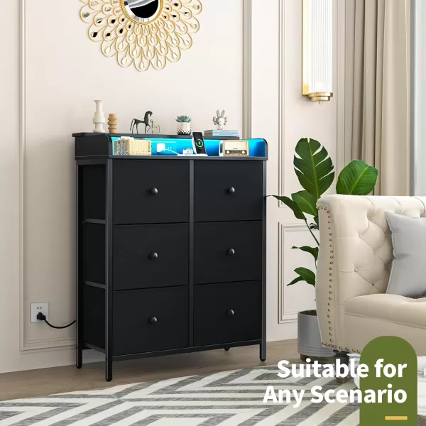 Yoobure Dresser for Bedroom with Charging Station 6Drawer Chest Furniture with LED Lights Fabric Dressers ampamp Chests of Drawers Storage Tower Organizer Unit for Kids Room Closet Living Room HallwayBlack