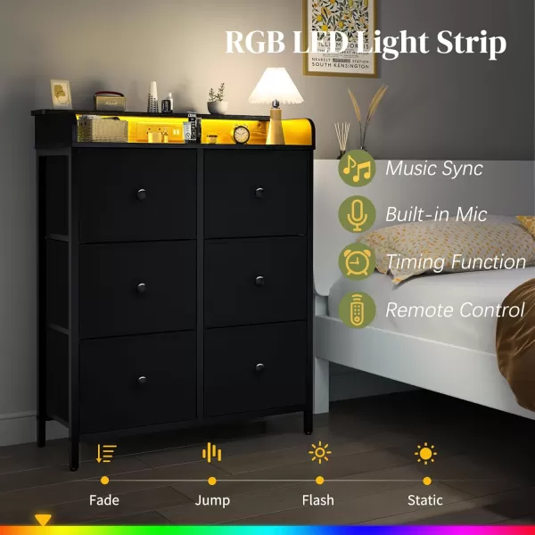 Yoobure Dresser for Bedroom with Charging Station 6Drawer Chest Furniture with LED Lights Fabric Dressers ampamp Chests of Drawers Storage Tower Organizer Unit for Kids Room Closet Living Room HallwayBlack