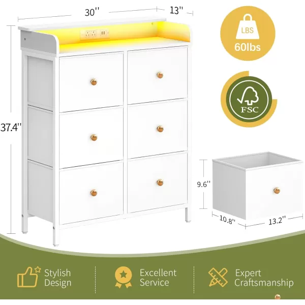 Yoobure Dresser for Bedroom with Charging Station 6Drawer Chest Furniture with LED Lights Fabric Dressers ampamp Chests of Drawers Storage Tower Organizer Unit for Kids Room Closet Living Room HallwayWhite