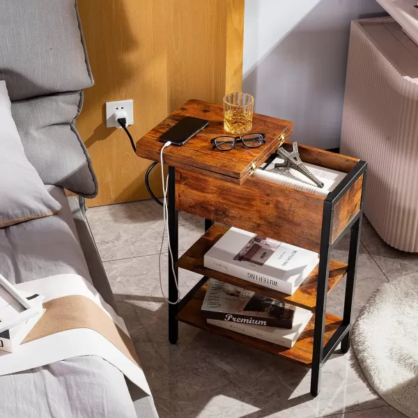 Yoobure End Table with Charging Station Flip Top Side Table with USB Ports and Outlets Sofa Couch Table Bedside Table for Living Room Bedroom Narrow Nightstand with Storage Shelves for Small SpaceBerry Brown