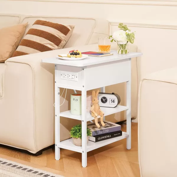 Yoobure End Table with Charging Station Flip Top Side Table with USB Ports and Outlets Sofa Couch Table Bedside Table for Living Room Bedroom Narrow Nightstand with Storage Shelves for Small SpaceWhite